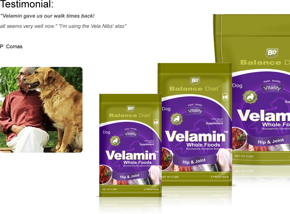 Balance Diet Premium super dog food Velamin whole food for hip and joint has a precision balance of nutrients your dog requires for longer and healthier life