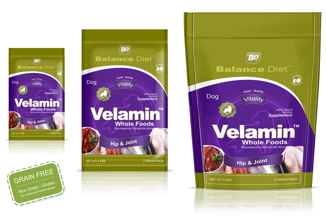 Balance Diet Premium super dog food Velamin whole food for hip and joint has a precision balance of nutrients your dog requires for longer and healthier life